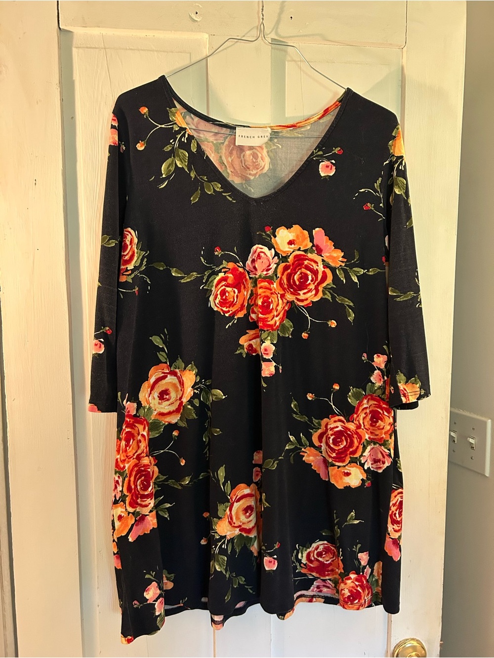 French Grey Black dress with Red & Pink Rose Print